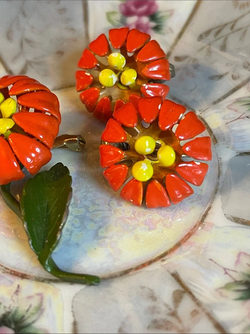 1960’s Retro Colorful Enamel Flower Brooch & Clip On Earring Set